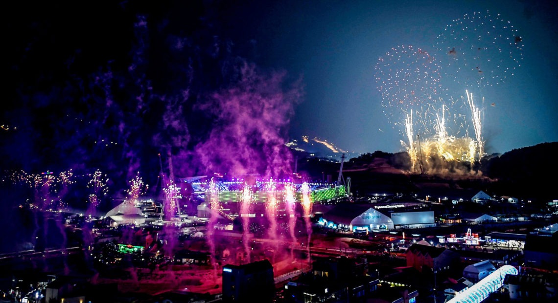 Fireworks go off at the start of the opening ceremony of the Pyeongchang 2018 Winter Olympic Games. CREDIT: BRENDAN SMIALOWSKI/AFP/GETTY IMAGES