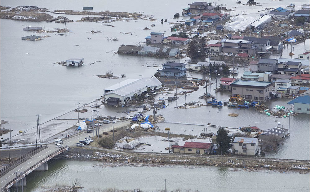 An aerial view of Ishinomaki, Japan, on March 18, 2011, one week after a devastating 9.0 magnitude earthquake and subsequent tsunami. CREDIT: LANCE CPL. ETHAN JOHNSON / U.S. MARINE CORPS - TINYURL.COM/Y76P2EO9