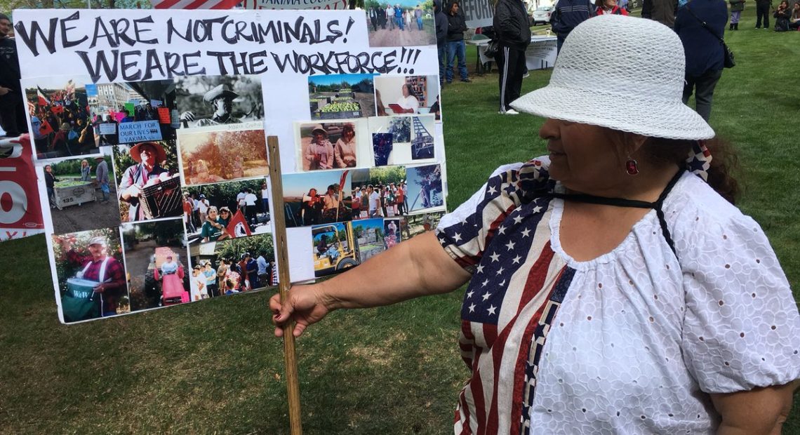 Maria Cuevas, a farmworker and community activist in Yakima, has marched in every Yakima May Day gathering since 1986, including with Cesar Chavez. CREDIT: ESMY JIMENEZ/NWPB