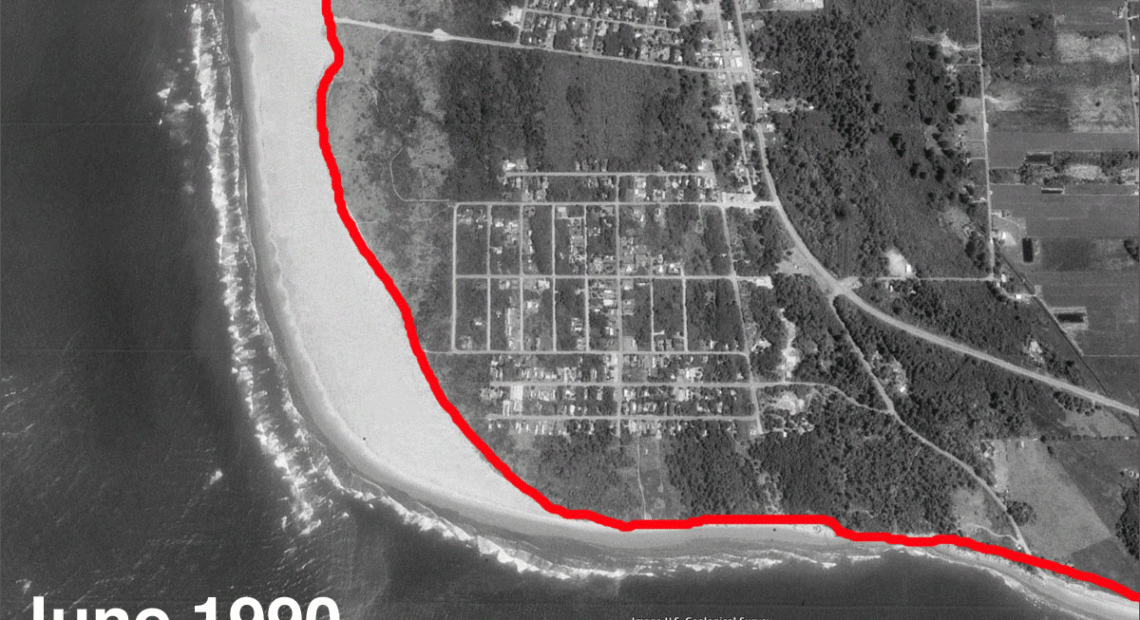 This animation shows the extreme rate of coastal erosion at North Cove, Washington. The red line indicates the shoreline in 1990. CREDIT: GOOGLE EARTH