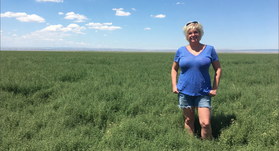 Standing in bluegrass seed field, farmer Nicole Berg says the farm bill's Conservation Reserve Program is critical to the mix of incomes on her family farm. CREDIT: ANNA KING