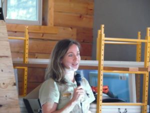 Erin Phelps, Ninemile District Ranger on the Lolo National Forest in Montana, speaks at a community briefing during the 2017 fire season. CREDIT: LOLO NATIONAL FOREST