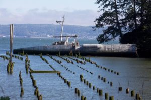 USS Plainview AGH1 has been abandoned since 1996 on the Columbia River one mile from Dismal Nitch, Washington. In the late 1960s this sleek, speedy 212-foot hydrofoil was supposed to be the future of the U.S. Navy. CREDIT: MATT M. MCKNIGHT