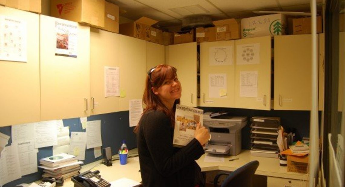 Candace Faber, pictured here in the office of the Georgetown Journal of International Affairs, the weekend she says she was raped by Sen. Joe Fain. CREDIT: CANDACE FABER