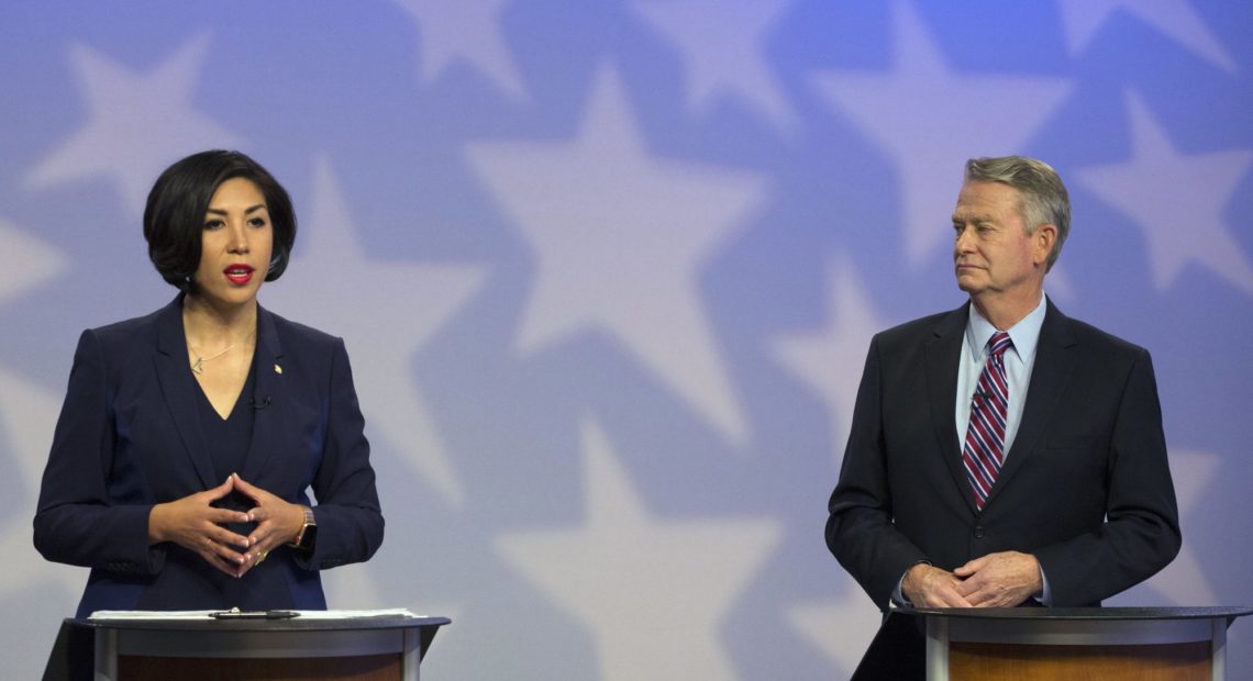 Democratic gubernatorial candidate Paulette Jordan and Lt. Gov. Brad Little participate in a debate at the studios of Idaho Public Television in Boise, Idaho, Monday, Oct. 15, 2018. CREDIT: OTTO KITSINGER