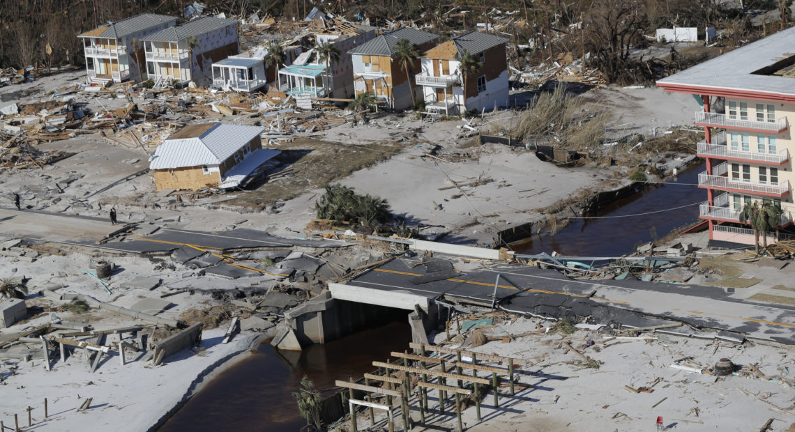 A bridge damaged by Hurricane Michael can be seen Friday in Mexico Beach, Fla. The most powerful hurricane ever known to have hit the Florida Panhandle has left transportation and communication infrastructure in shambles, slowing relief efforts. CREDIT: Gerald Herbert/AP