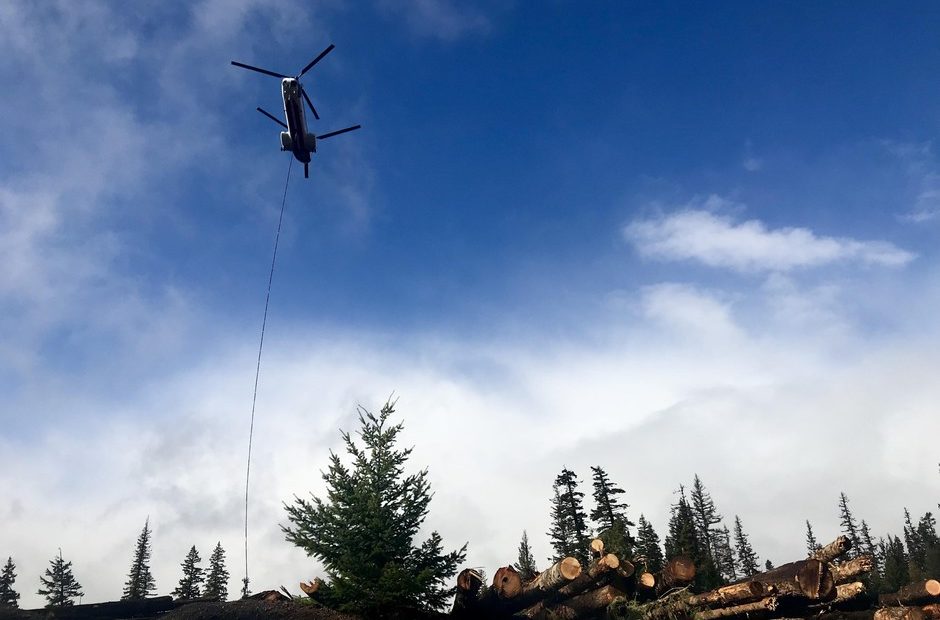 A helicopter is used to fly logs from a staging area to streams that need restoration but are no longer reached by roads. This is the largest stream restoration effort ever in the Northwest. CREDIT: COURTNEY FLATT