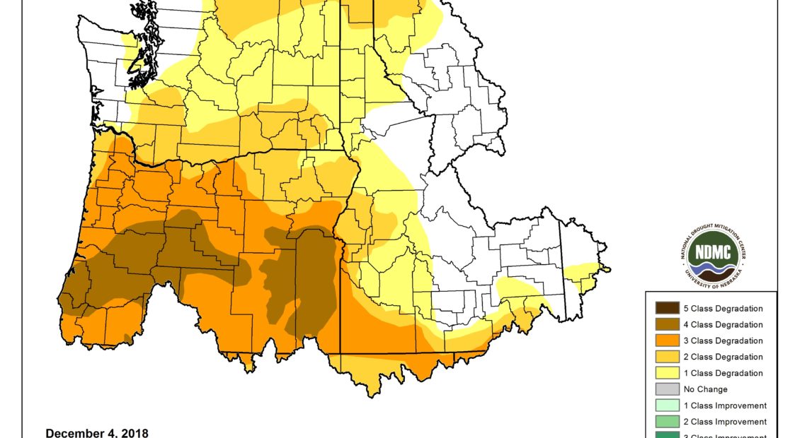 The Northwest watershed shows areas of abnormal dryness to severe drought over 2018. CREDIT: U.S. DROUGHT MONITOR