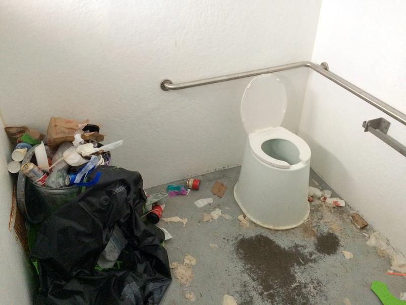 Trash was piling up at the Santiam Sno-Park in the Willamette National Forest near Sisters, Oregon, on Jan. 2, 2019. CREDIT: CHRIS LEHMAN / KLCC