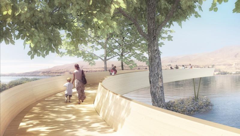 Artist Maya Lin's design for Celilo Park included an elevated arc that would end at the edge of the now-flooded historic falls on the Columbia River. CREDIT: MAYA LIN STUDIO