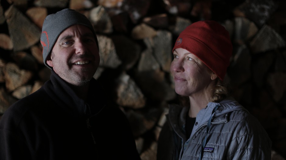 Andre and Jennifer Fortin pose for a photo at the Tilly Jane A-Frame. CREDIT: IAN MCCLUSKEY/OPB