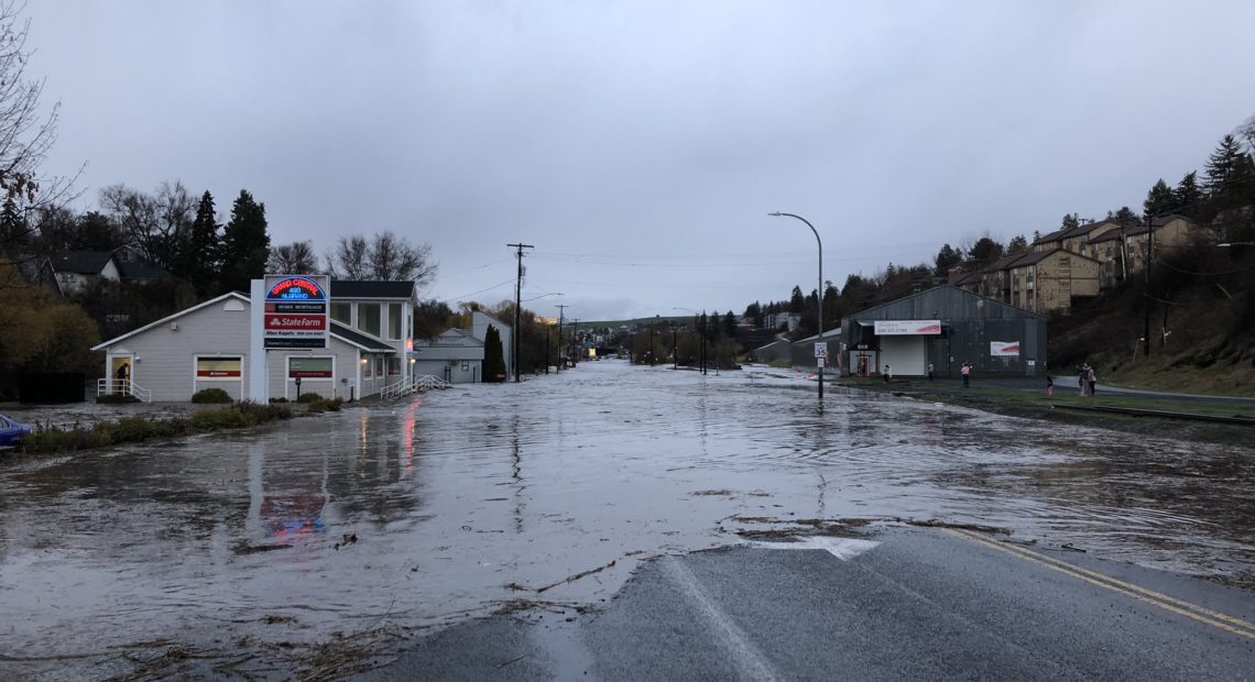 Flooding in Pullman closed Grand Avenue/SR 27 at Stadium Way, Tuesday, April 9, 2019. CREDIT: Matt Haugen/WSU News