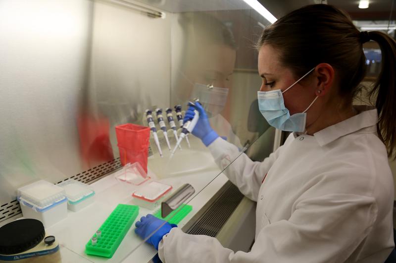 Forensic scientist Laura Kelly tests a sexual assault kit at the Washington State Patrol crime lab in Vancouver. CREDIT: MOLLY SOLOMON/OPB