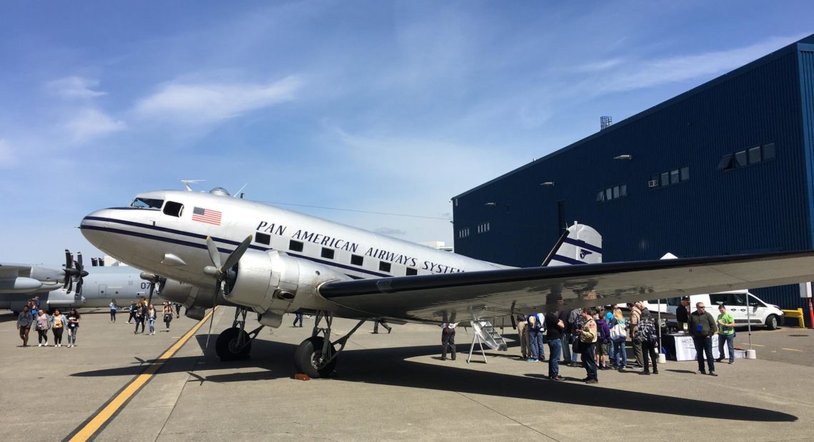 The vintage DC-3 owned by Historic Flight Foundation was on display at Sea-Tac Airport in early May before commencing its long trip to Europe. CREDIT: TOM BANSE / NW NEWS NETWORK