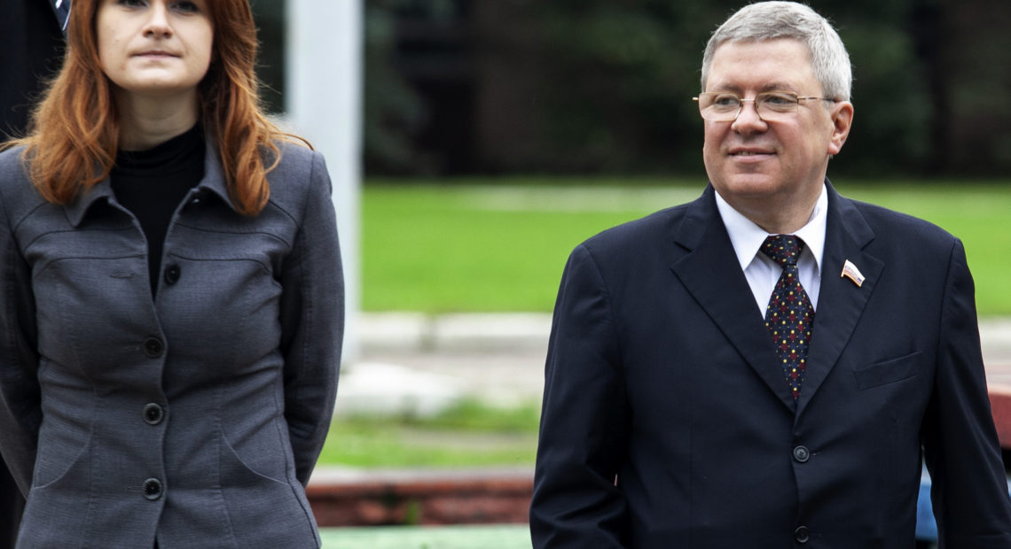 Maria Butina with mentor Alexander Torshin, then a member of Russia's upper house of parliament, in Moscow in 2012. The two sought political influence in the United States. Pavel Ptitsin/AP