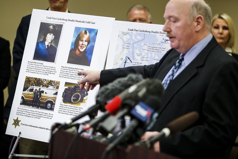 In this April 11, 2018 photo, Snohomish County Cold Case Detective Jim Scharf, right, shares details of the unsolved case of the 1987 double homicide of Jay Cook and Tanya Van Cuylenborg. William Earl Talbott II is charged. CREDIT: Ian Terry/The Herald via AP