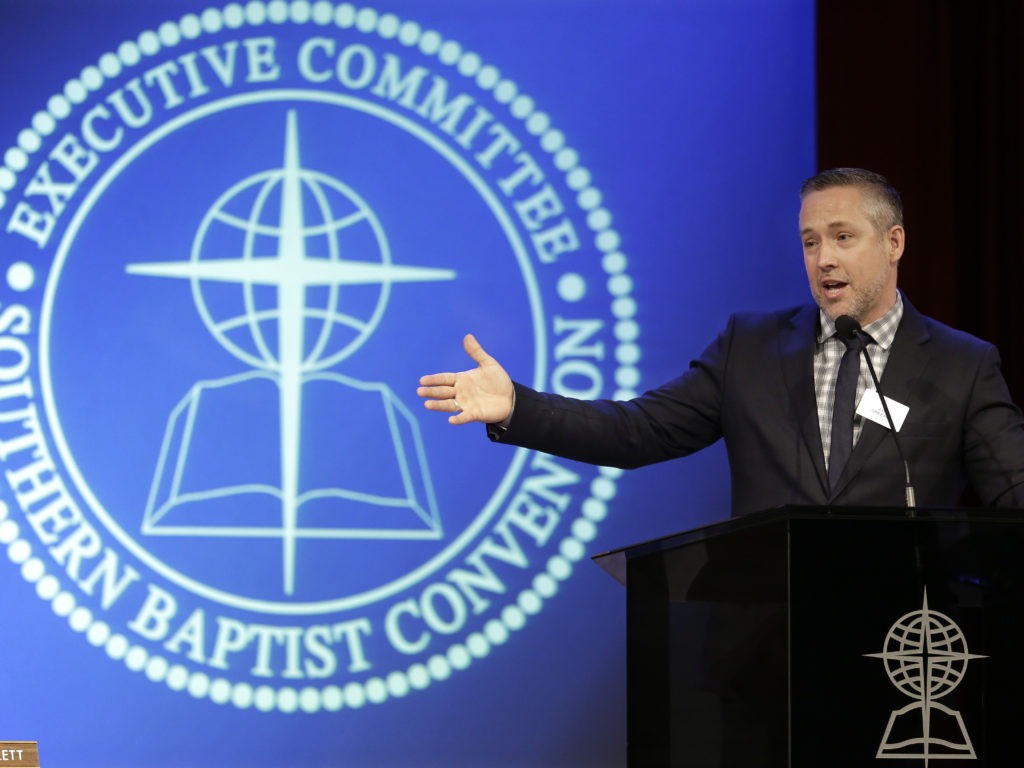 Southern Baptist Convention President J.D. Greear speaks to the denomination's executive committee in February. Church leaders meet this week to discuss clergy sexual abuse cases. Mark Humphrey/AP