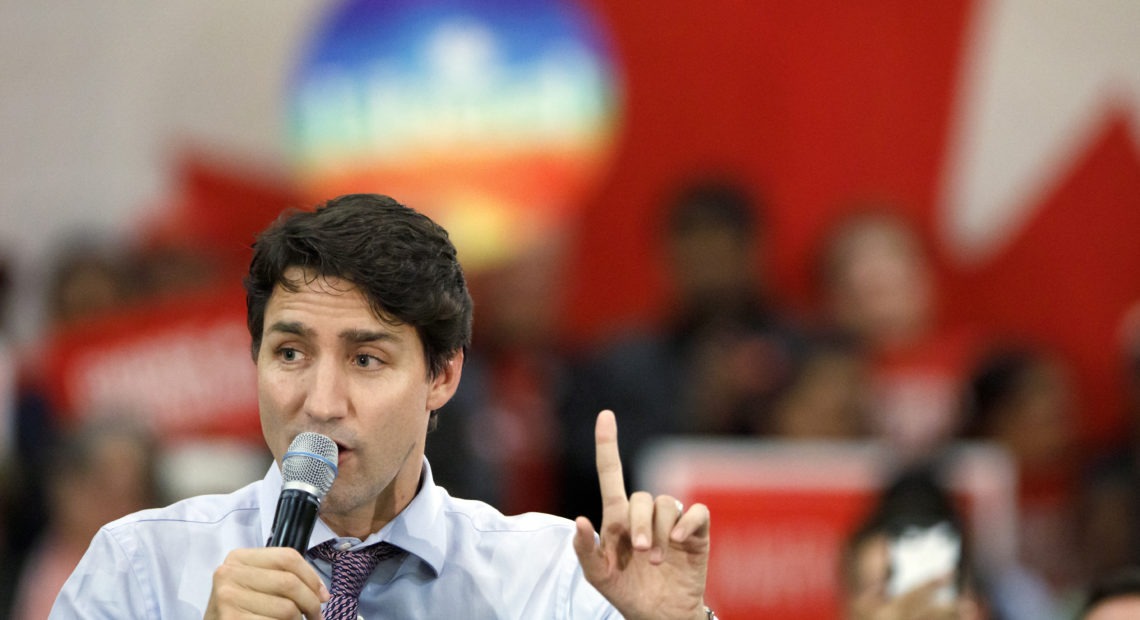 Prime Minister Justin Trudeau speaks to a room of supporters at a campaign rally in Vaughan, Canada, on Friday. CREDIT: Cole Burston/Getty Images