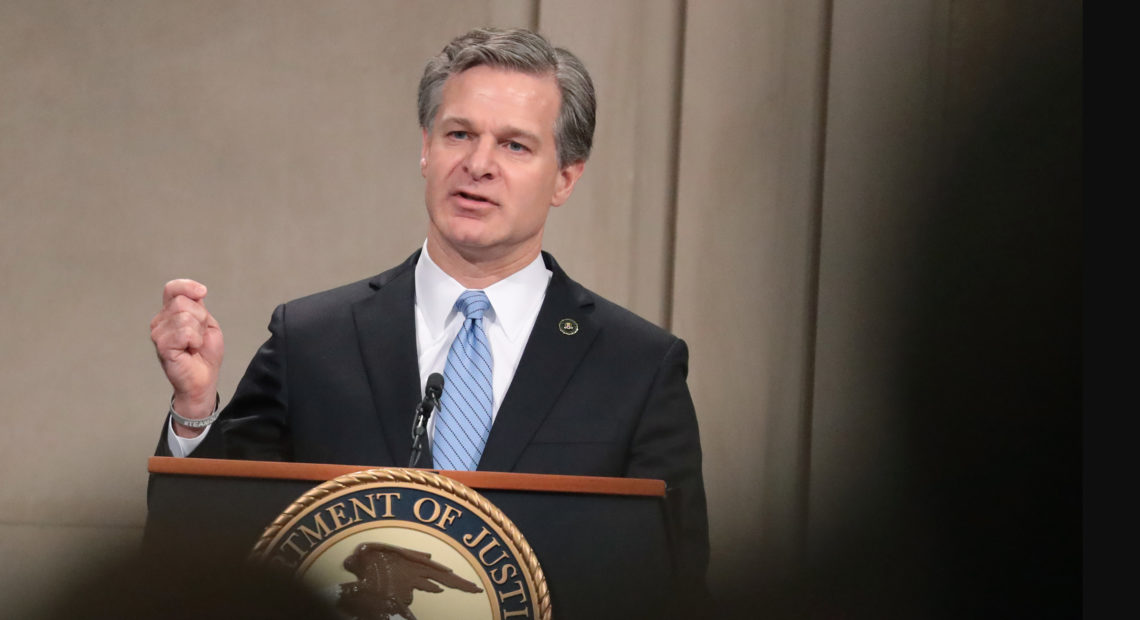 FBI Director Christopher Wray speaks Friday, Oct. 4, 2019 at the Justice Department in Washington, D.C., during a summit on warrant-proof encryption and its impact on child exploitation cases. Mark Wilson/Getty Images