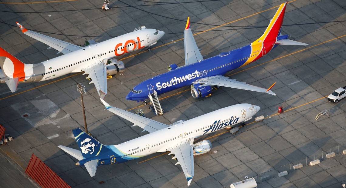 Grounded Gol Airlines, Southwest Airlines and Alaska Airlines Boeing 737 Max aircraft at Boeing facilities in Moses Lake, Wash. CREDIT: Lindsey Wasson/Reuters