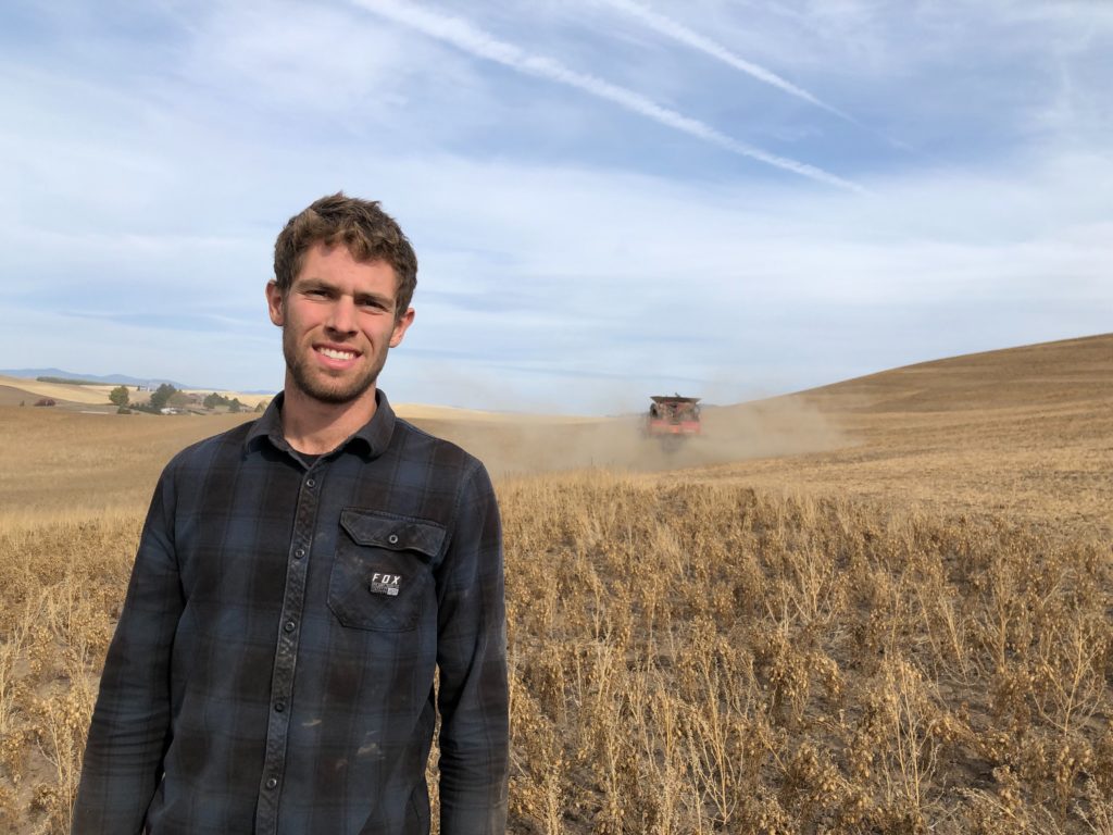 Chad Redman moves rocks ahead of his father Jim Redman driving the combine outside of Palouse, Washington. CREDIT: Anna King/N3