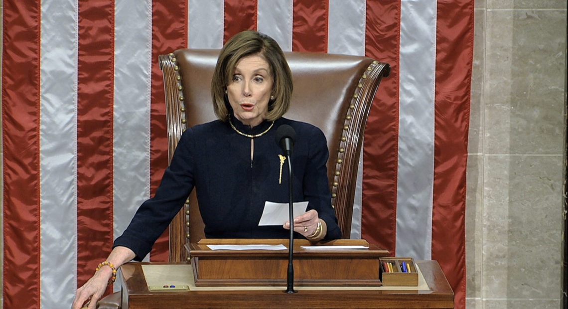 House Speaker Nancy Pelosi, D-Calif., announces the passage of the first article of impeachment, abuse of power, against President Trump by the House of Representatives on Wednesdsay. CREDIT: House Television via AP