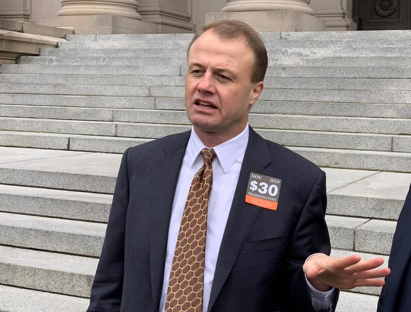 Initiative sponsor Tim Eyman spoke outside the Washington State Supreme Court on Tuesday, Dec. 3, 2019. CREDIT: Tom Banse/N3