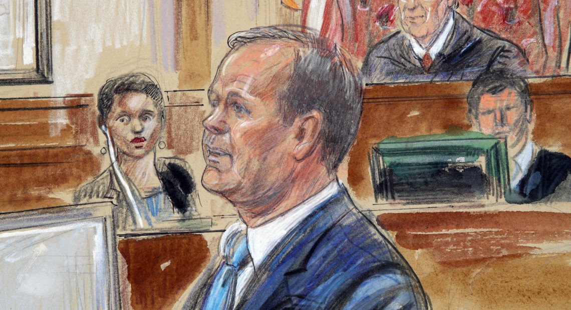 A courtroom sketch depicts Rick Gates testifying in the bank fraud and tax evasion trial of Paul Manafort on Aug. 7, 2018. Gates was Manafort's protege and a leader on the Trump presidential campaign. Dana Verkouteren/AP