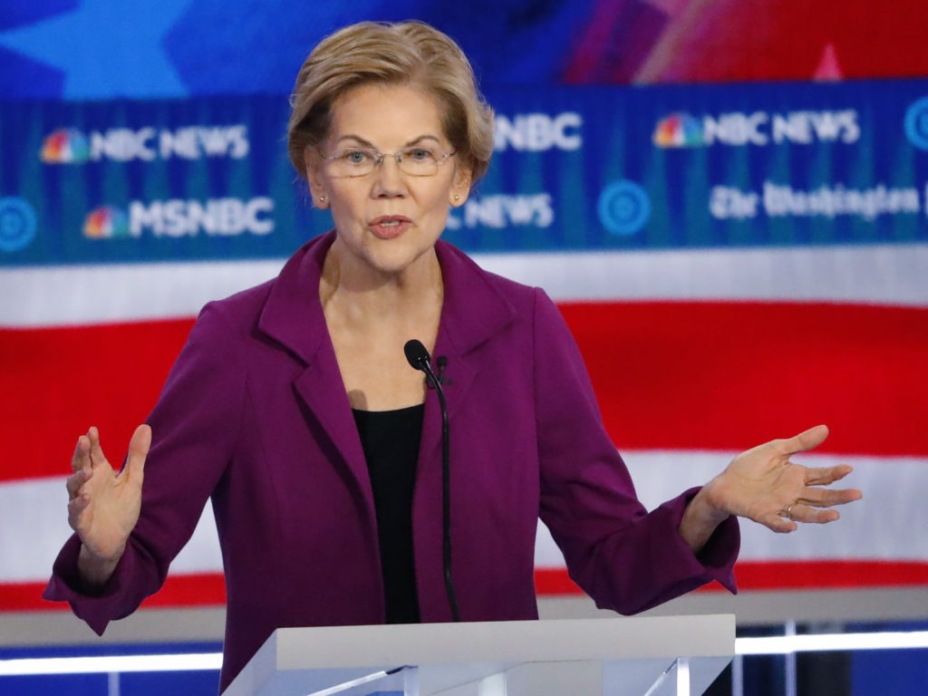 Democratic presidential candidate Elizabeth Warren speaks during last month's presidential primary debate in Atlanta. CREDIT: John Bazemore/AP