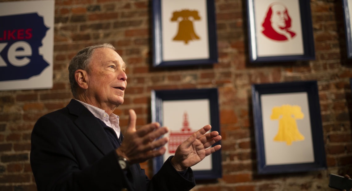 Democratic presidential candidate Michael Bloomberg addresses the press from his Philadelphia field office on Dec. 21. The former New York City mayor entered the race late and is not contesting the early primary states, instead concentrating efforts toward Super Tuesday and beyond. CREDIT: Mark Makela/Getty Images