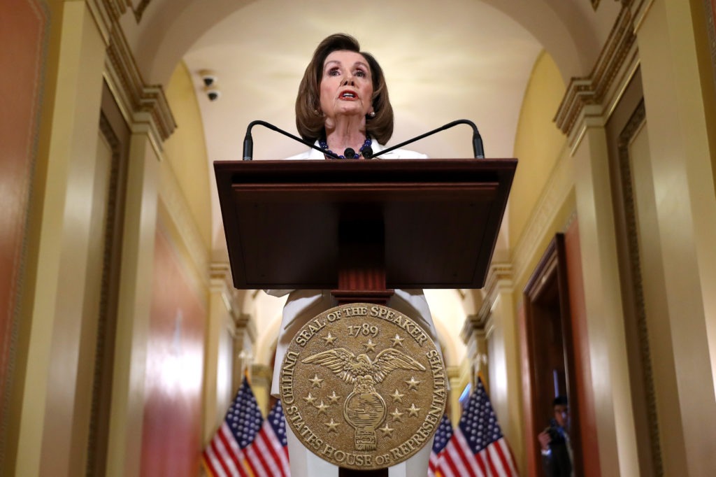 House Speaker Nancy Pelosi, D-Calif., announced at the Capitol on Thursday that the House is drafting articles of impeachment against President Trump. CREDIT: Chip Somodevilla/Getty Images