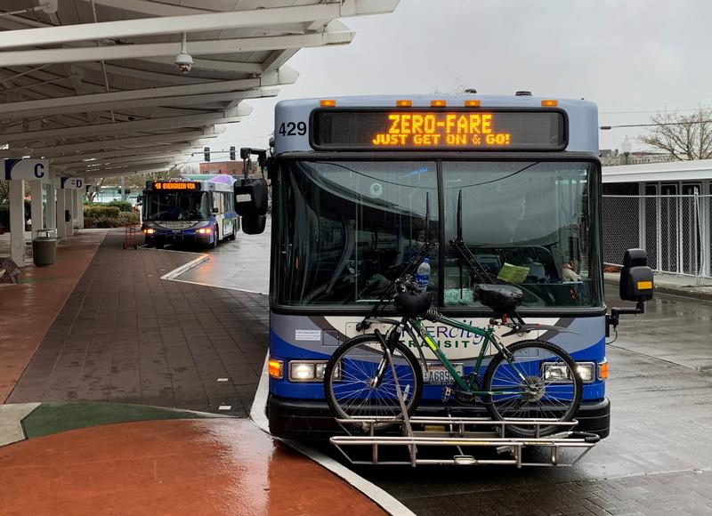 Passengers on Thursday warmly greeted the elimination of fare collection on Intercity Transit buses in Olympia CREDIT: Tom Banse N3