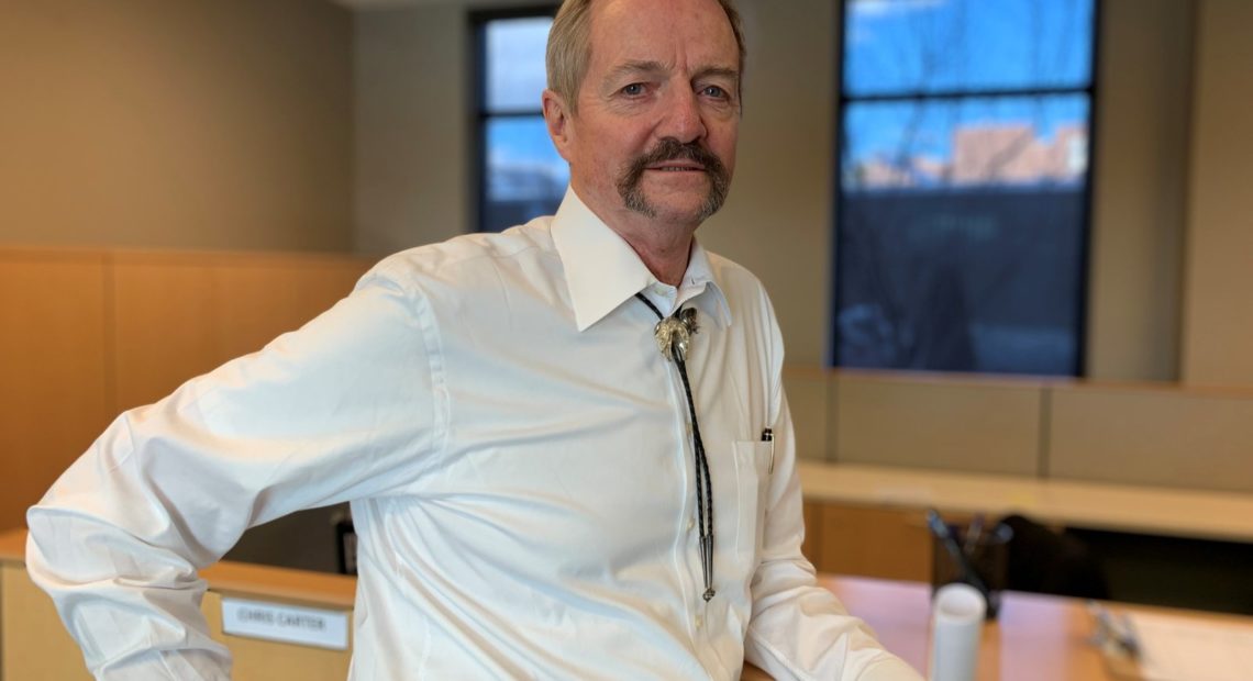 Acting BLM Director William Perry Pendley stands in the mostly empty suite of offices at the agency's new planned headquarters in Grand Junction, Colo. Kirk Siegler/NPR