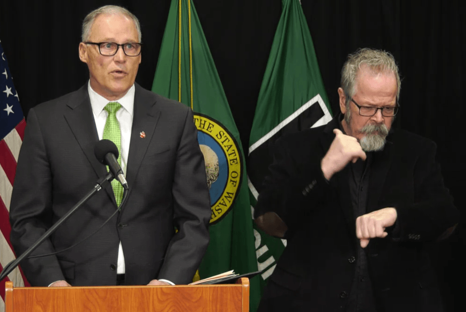 Gov. Jay Inslee announces a ban on large events and gatherings of more than 250 people in King, Snohomish, and Pierce counties on Wednesday, March 11, 2020. CREDIT: King County TV