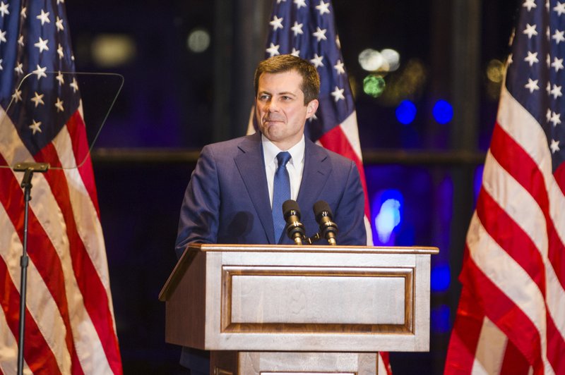 Democratic presidential candidate and former South Bend, Indiana, Mayor Pete Buttigieg speaks during a speech to supporters on Sunday, March 1, 2020. Buttigieg, who rose from being the mayor to a barrier-breaking, top-tier candidate for the Democratic presidential nomination, ended his campaign, thanking his supporters, his family, and his husband. CREDIT: Santiago Flores/South Bend Tribune via AP