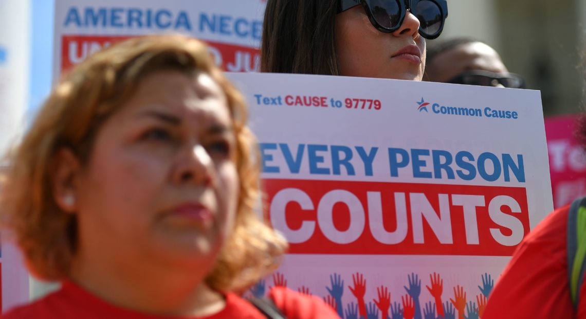 Demonstrators rally in Washington, D.C., in April 2019 against the now-blocked citizenship question that the Trump administration tried and failed to get on the 2020 census forms. CREDIT: Mandel Ngan/AFP via Getty Images