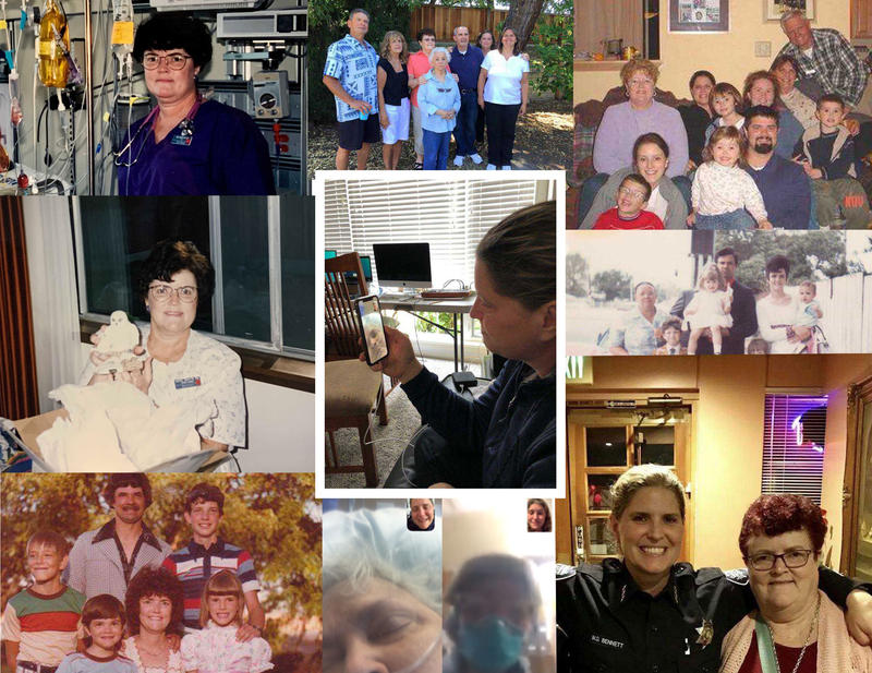 Carolann Christine Gann and family in photos over the years. Courtesy of Michelle Bennett. Illustration by Parker Miles Blohm/KNKX