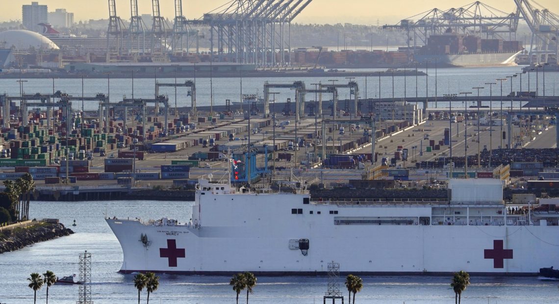 Prosecutors say the USNS Mercy, seen last week entering the Port of Los Angeles, was the target of a train engineer's unsuccessful attack on Tuesday. The derailed train slid to a halt more than 250 yards from the hospital ship. The Mercy was unharmed, and no one was injured. CREDIT: Mark J. Terrill/AP