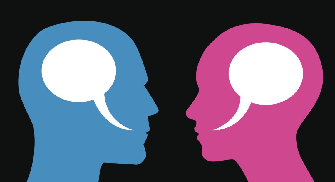 Two profiles of a man and woman with speech bubbles inside their heads.