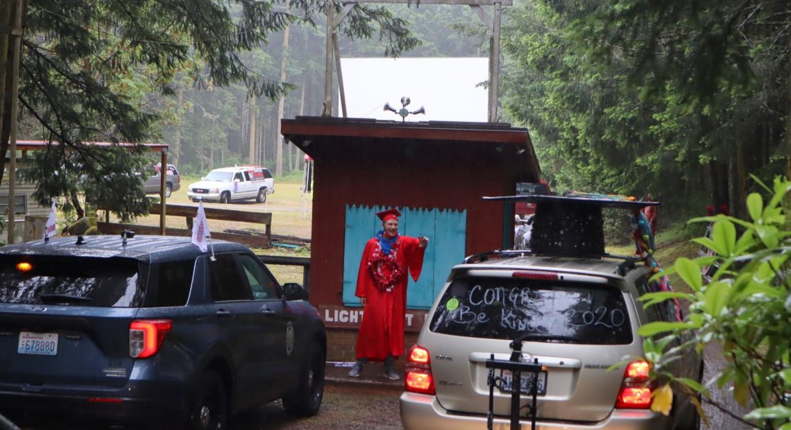 Slightly more than 100 vehicles entered the Port Townsend Wheel-In Motor Movie drive-in for the high school graduation ceremony in June 2020. CREDIT: Tom Banse/N3