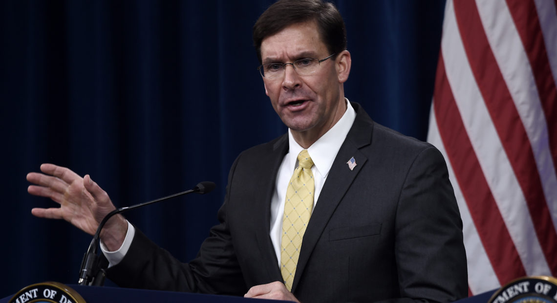 Secretary of Defense Mark Esper speaks at a press conference at the Pentagon on March 5.