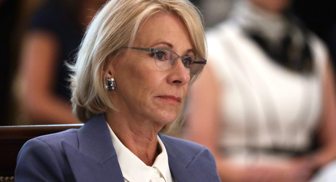 In April, U.S. Education Secretary Betsy DeVos issued guidance suggesting private schools should benefit from a representative share of federal coronavirus aid money. Alex Wong/Getty Images