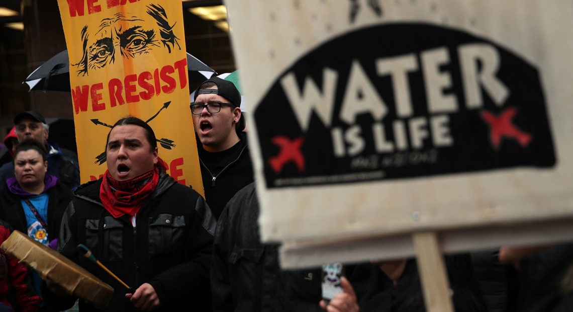 Members of the Standing Rock Sioux tribe and its supporters, shown here during a demonstration in 2017, have opposed the Dakota Access Pipeline for years. CREDIT: Alex Wong/Getty Images