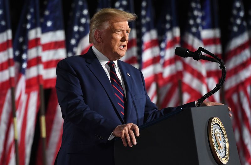 President Donald Trump delivers his acceptance speech for the Republican Party nomination for reelection during the final day of the Republican National Convention from the South Lawn of the White House on August 27, 2020. CREDIT: Saul Loeb/AFP/Getty Images