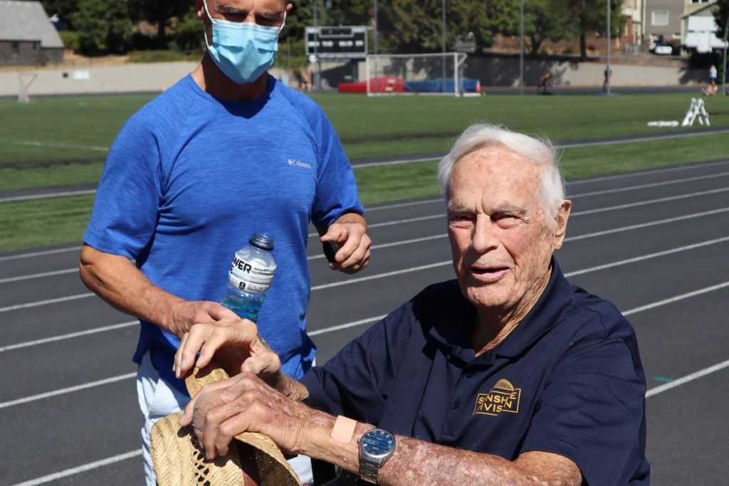 Bud Lewis accomplished his 100 Laps To 100 Years feat ahead of schedule - and kept on walking. CREDIT: Tom Banse/N3