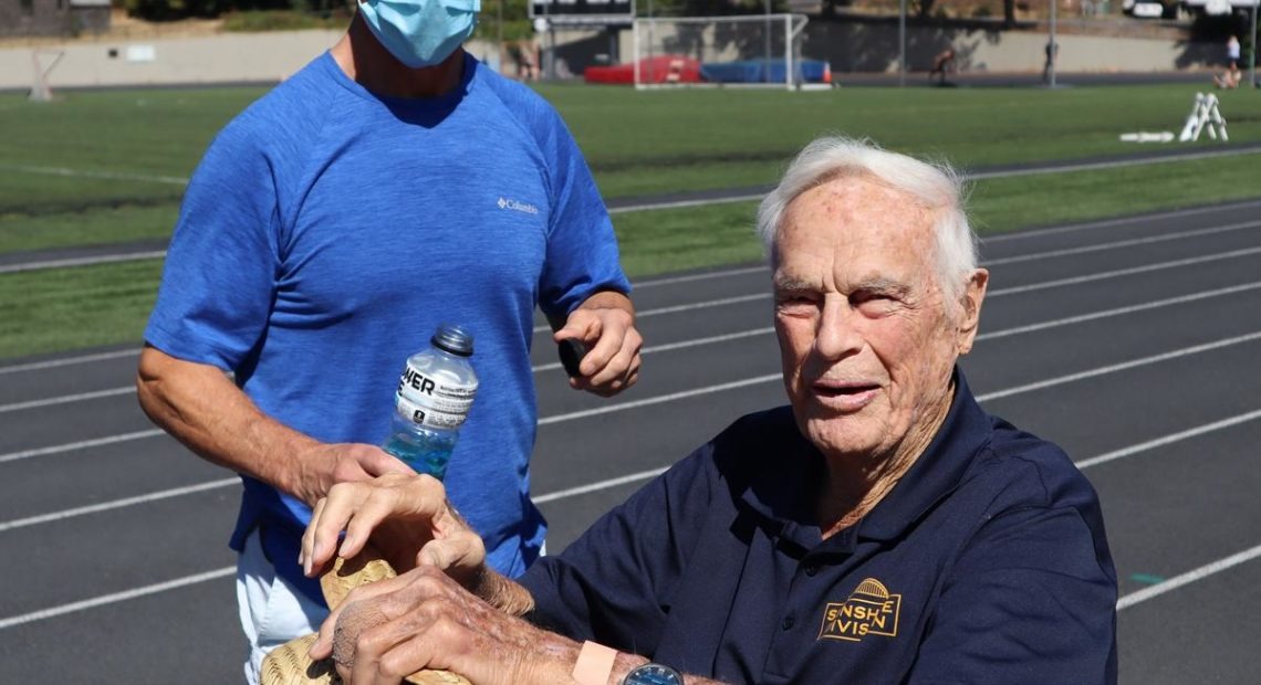 Bud Lewis accomplished his 100 Laps To 100 Years feat ahead of schedule - and kept on walking. CREDIT: Tom Banse/N3