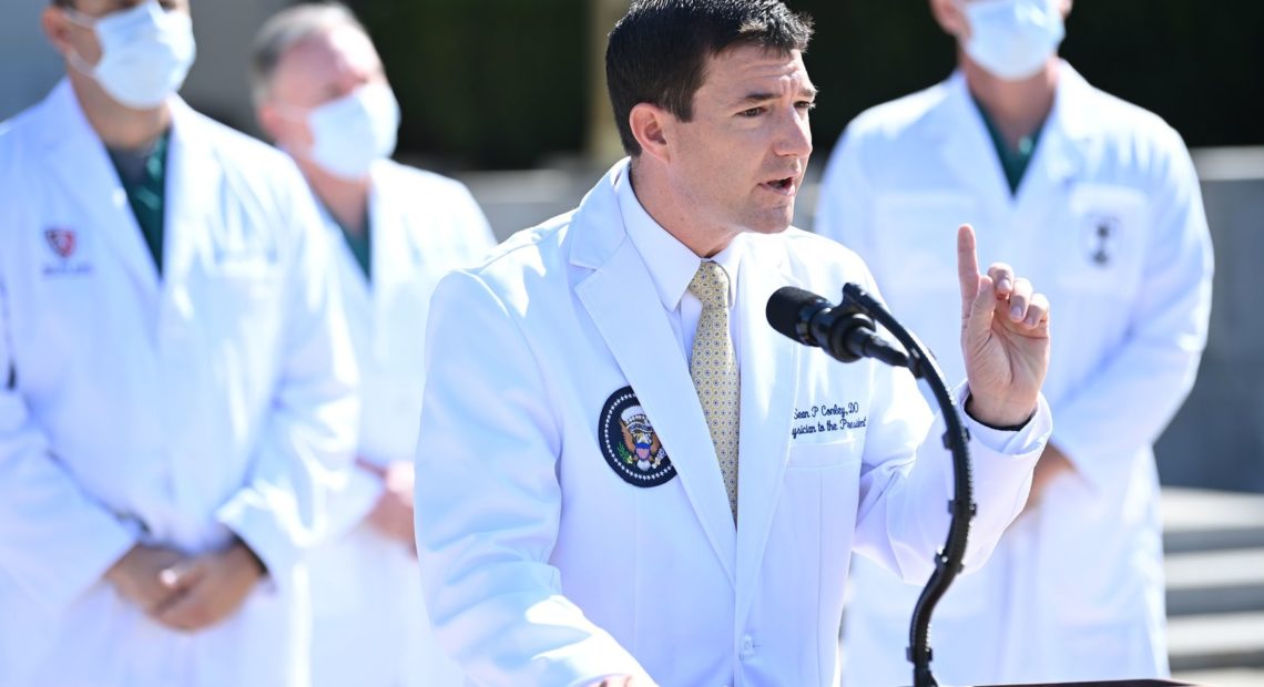 White House physician Sean Conley updates the press on the health status of President Trump on Sunday, Oct. 4. CREDIT: Brendan Smialowski/AFP via Getty Images