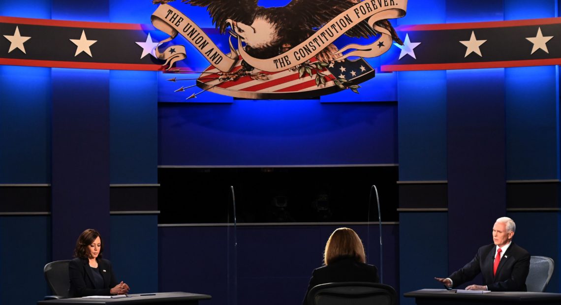 Vice President Pence speaks during the vice presidential debate with Democratic vice presidential nominee Sen. Kamala Harris, D-Calif., at the University of Utah in Salt Lake City on Wednesday, Oct. 7.