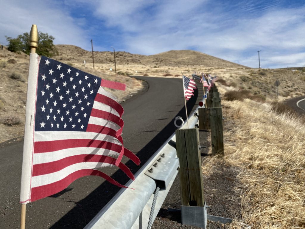 Tattered American flags wave in the strong wind of the Columbia River Gorge National Scenic Area on October 27, 2020. CREDIT: Anna King/N3