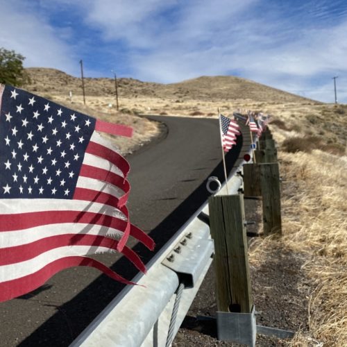 Tattered American flags wave in the strong wind of the Columbia River Gorge National Scenic Area on October 27, 2020. CREDIT: Anna King/N3